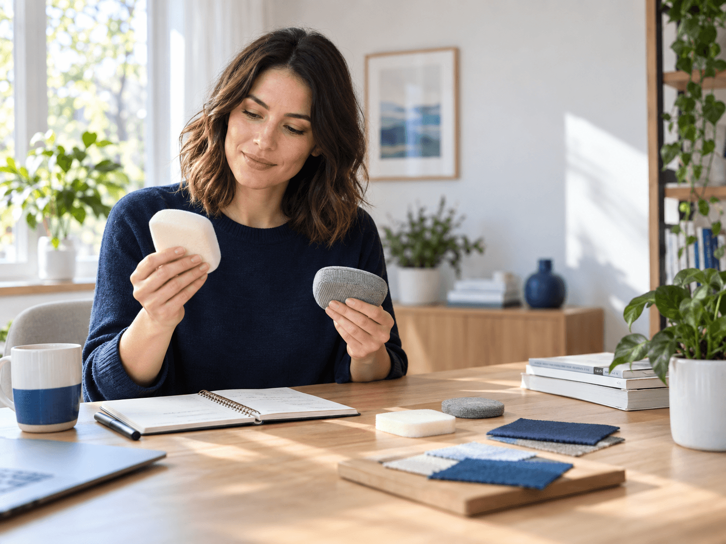 Woman thoughtfully comparing unbranded household accessory materials at a home workspace