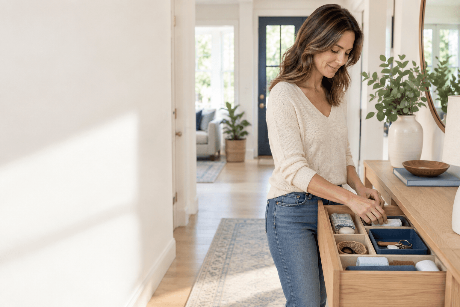 Woman organizing everyday home essentials in a bright entryway