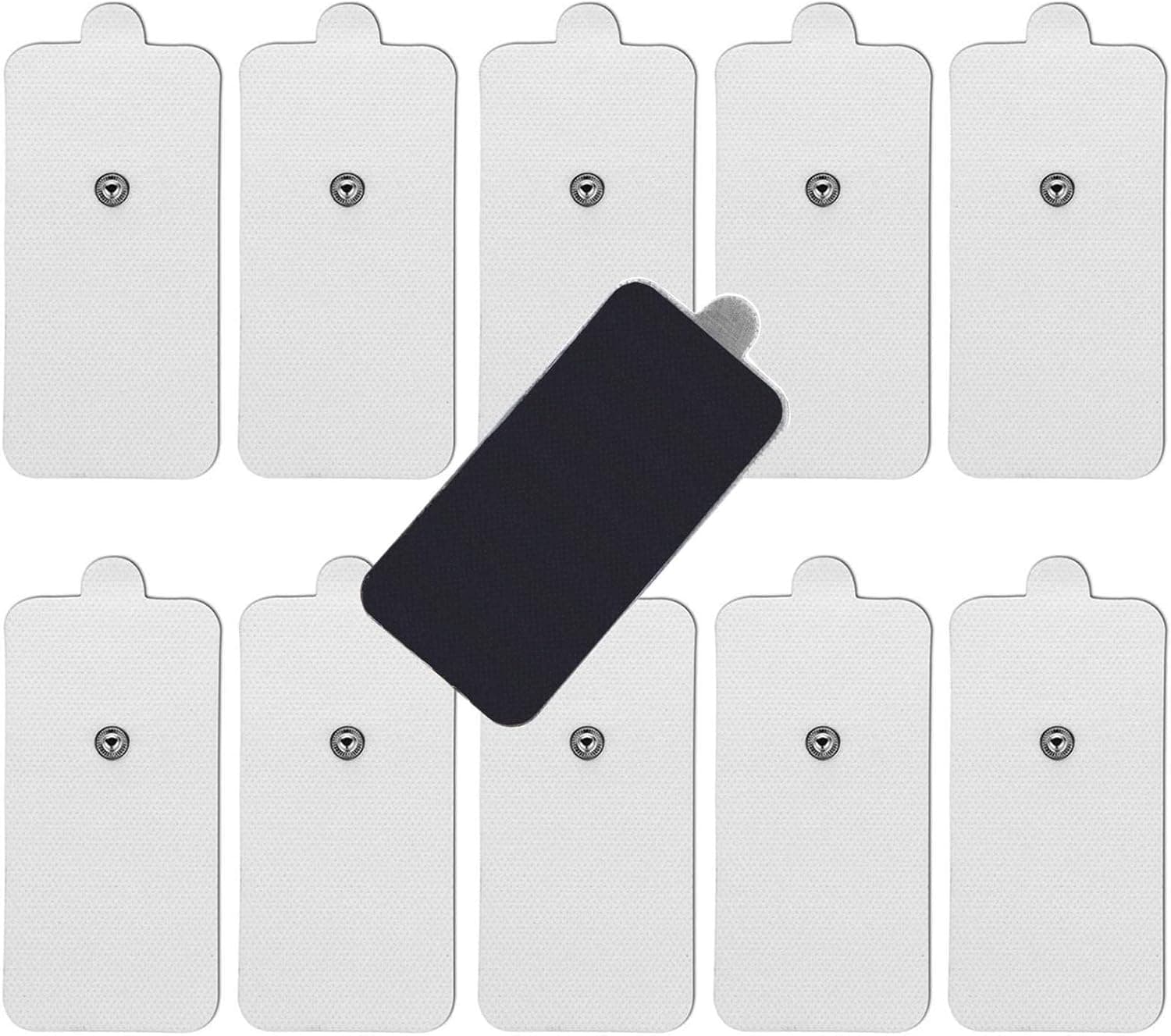 Ten large white rectangular electrode pads with 3.5 millimeter snap connectors